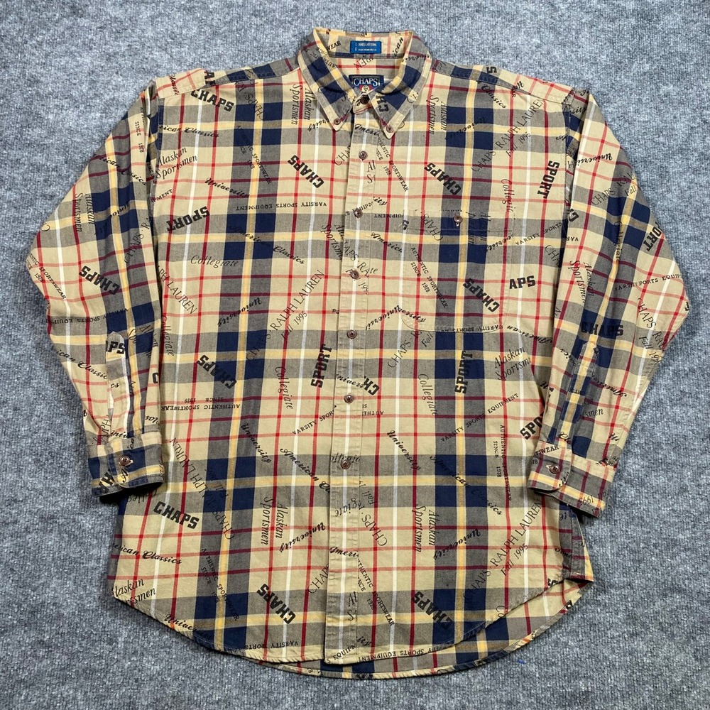 Chaps Ralph Lauren Mens Large Plaid Graphic Print Button Down Shirt Tan Navy Red